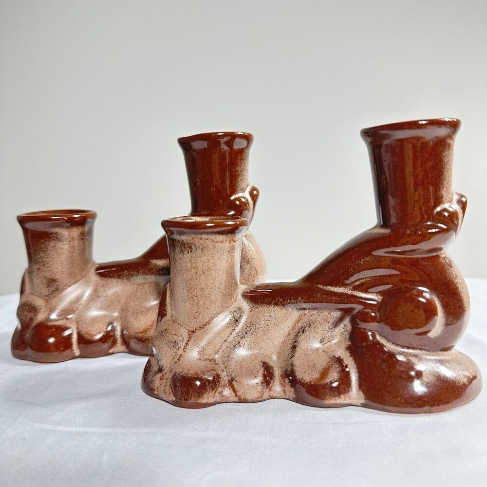 Frankoma Vintage Ceramic 304 Prairie Brown Double Candle Holder Set Of 2